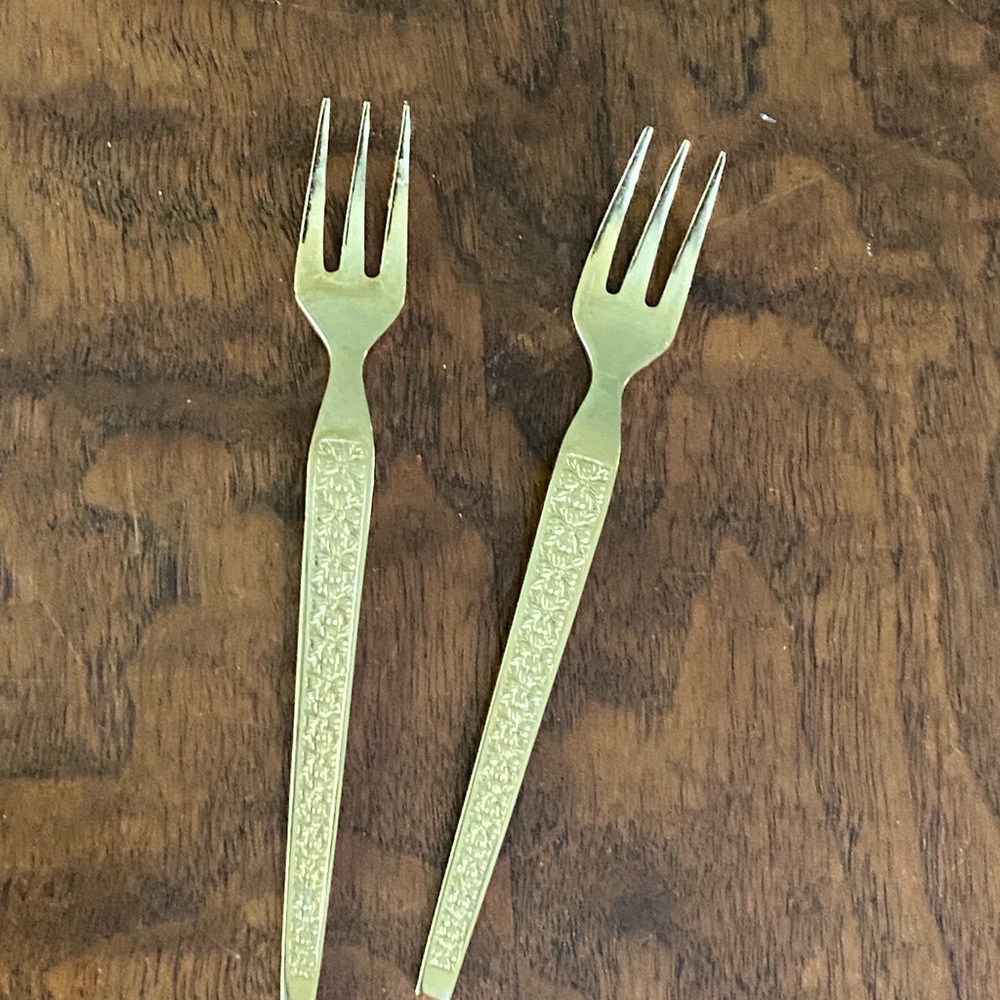 Golden Trocadero vintage cocktail forks pair of gold-tone stainless